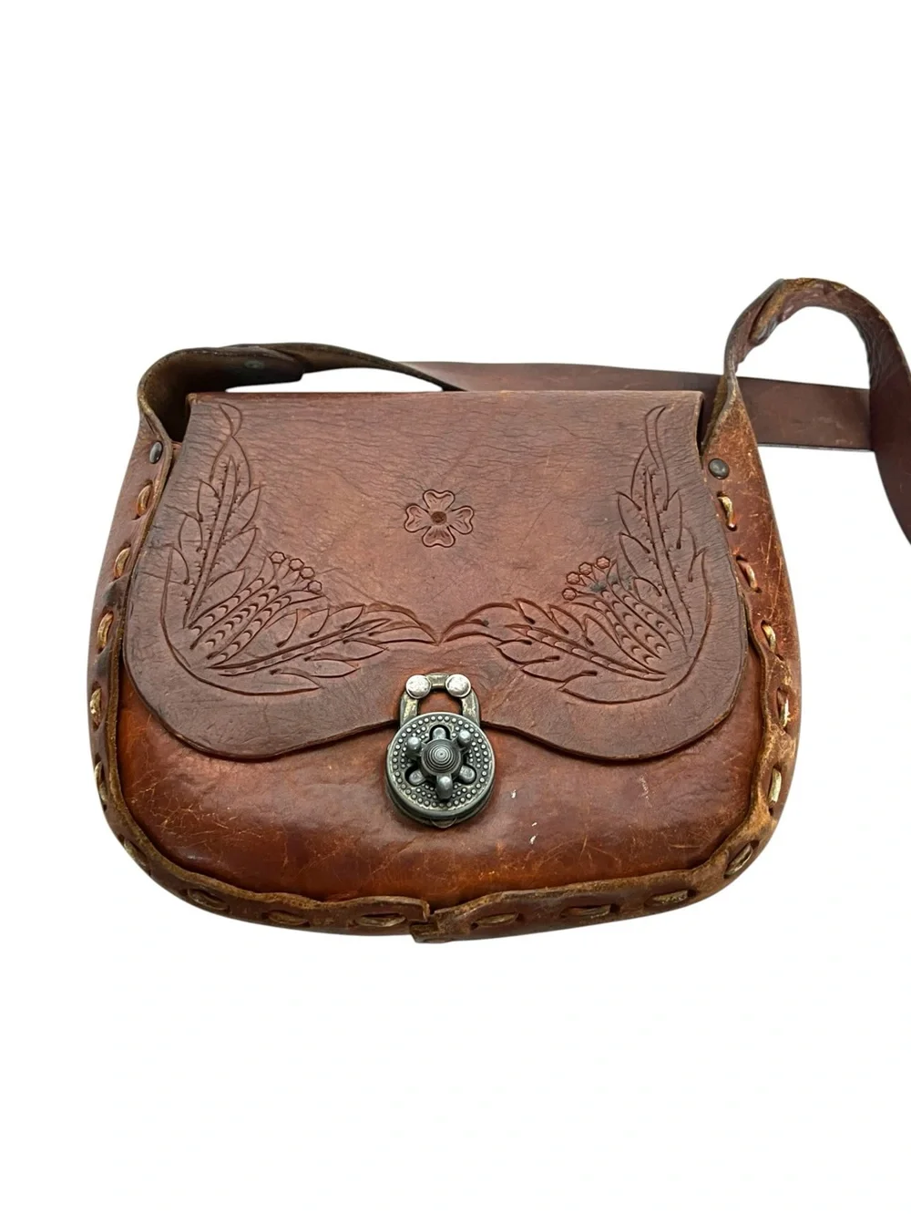 Vintage 70s Hand Tooled Leather Crossbody Saddle Bag Brown Boho Western Purse
